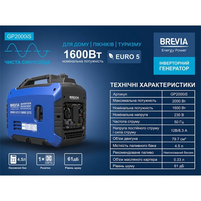 Генератор бензиновый Brevia GP2000iS 1,6 кВт / 2 кВт (инверторный) - фото 6