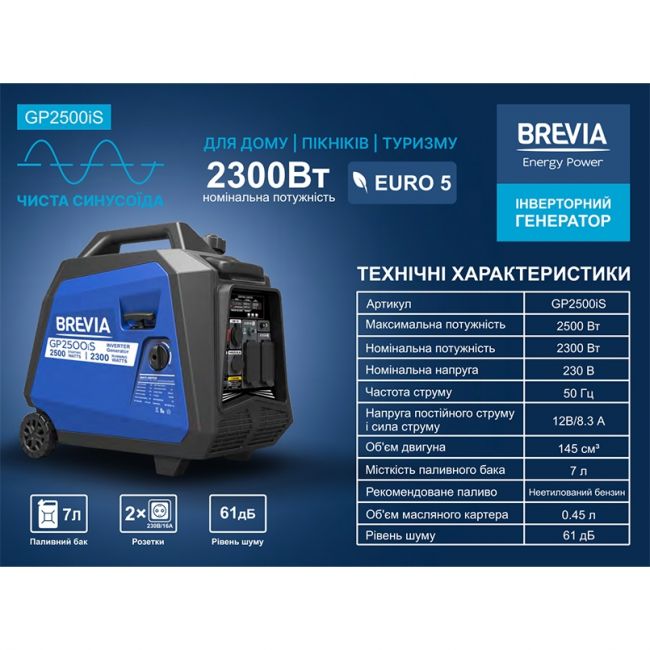 Генератор бензиновый Brevia GP2500iS 2,3 кВт / 2,5 кВт (инверторный) - фото 6