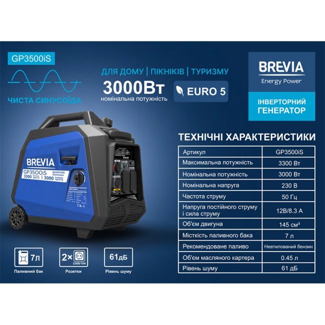 Генератор бензиновый Brevia GP3500iS 3 кВт / 3,3 кВт (инверторный) - фото 6